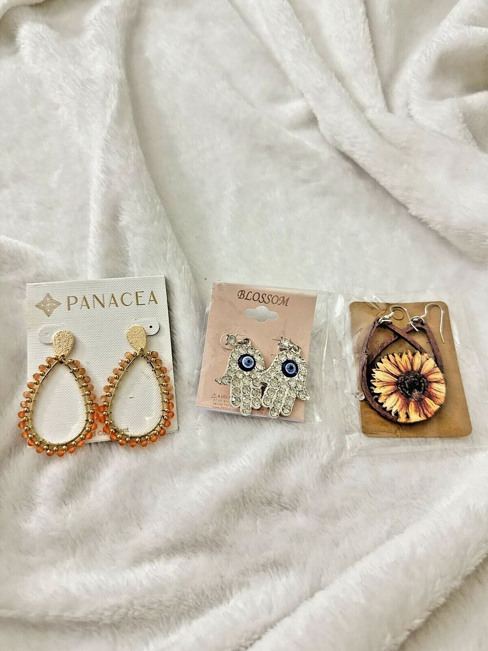 NEW Earings Lot Panacea Oval Hoop Hamsa Hand Jeweled Sunflower Dangle Hook Bling